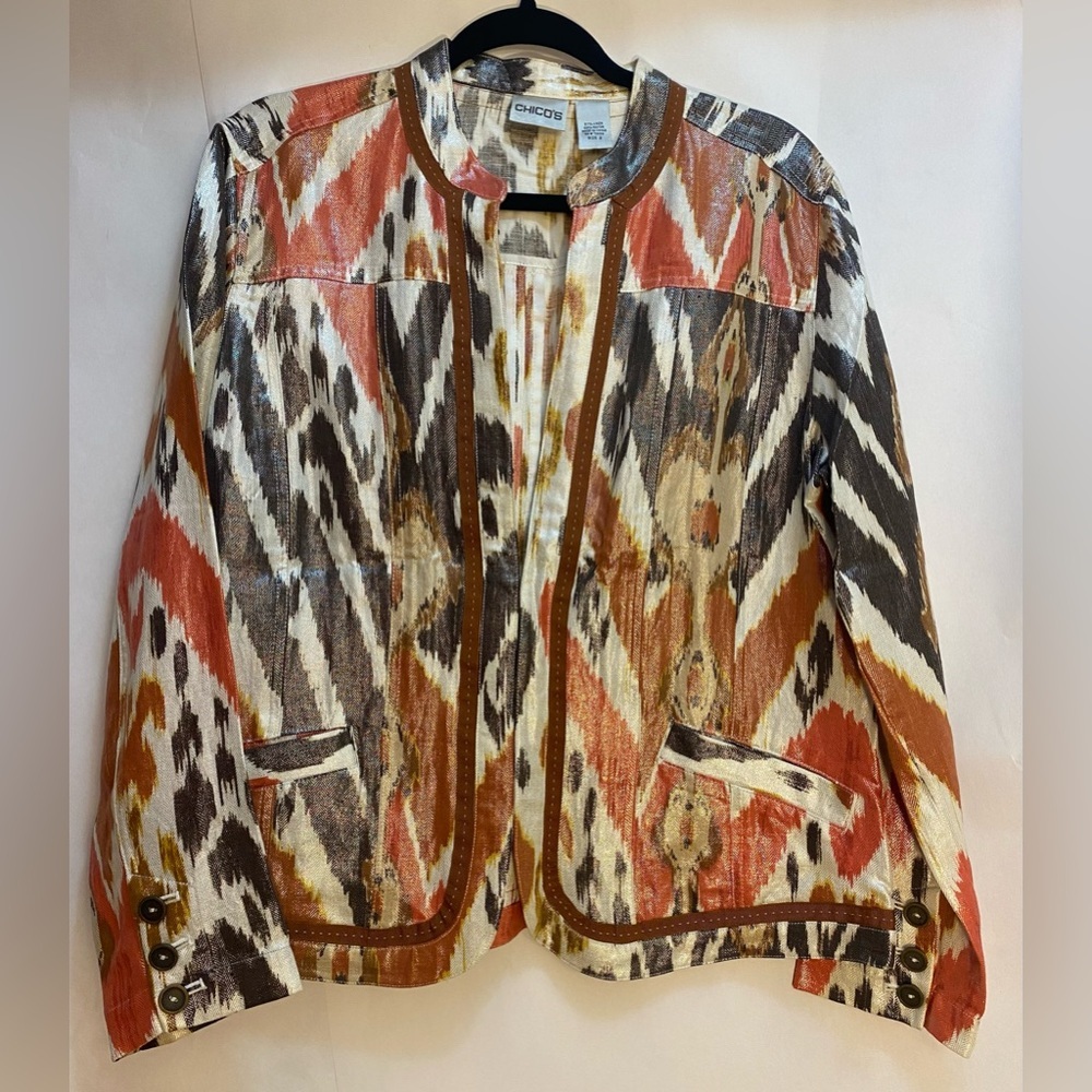 Chicos Art to Wear Linen Blend Metallic‎ Western Style Jacket Blazer Size 2 or L